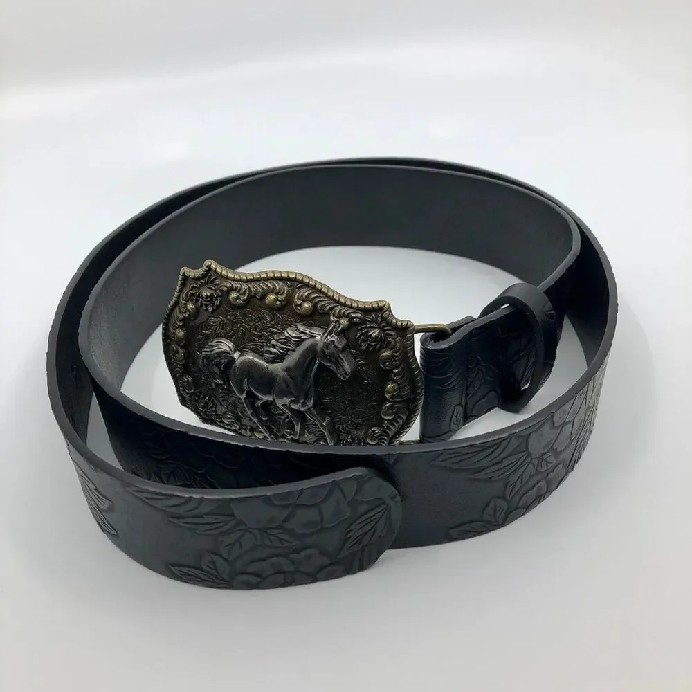 Women's Black Embossed Western Horse Buckle Belt, 28.5–39.5 Inches, X7G9A1018